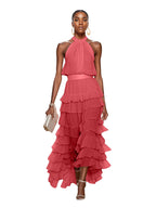 A Line Pink Chiffon Halter Neck Sleeveless Ankle Length Dress With Cascading Ruffles