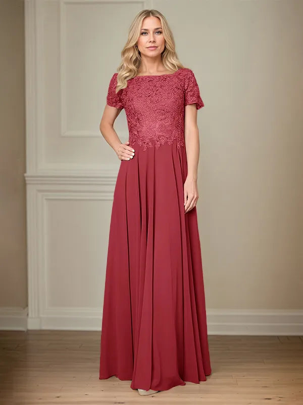 A Line Chiffon Boat Neck Short Sleeves Floor Length Pleated Mother of the Bride Dresses