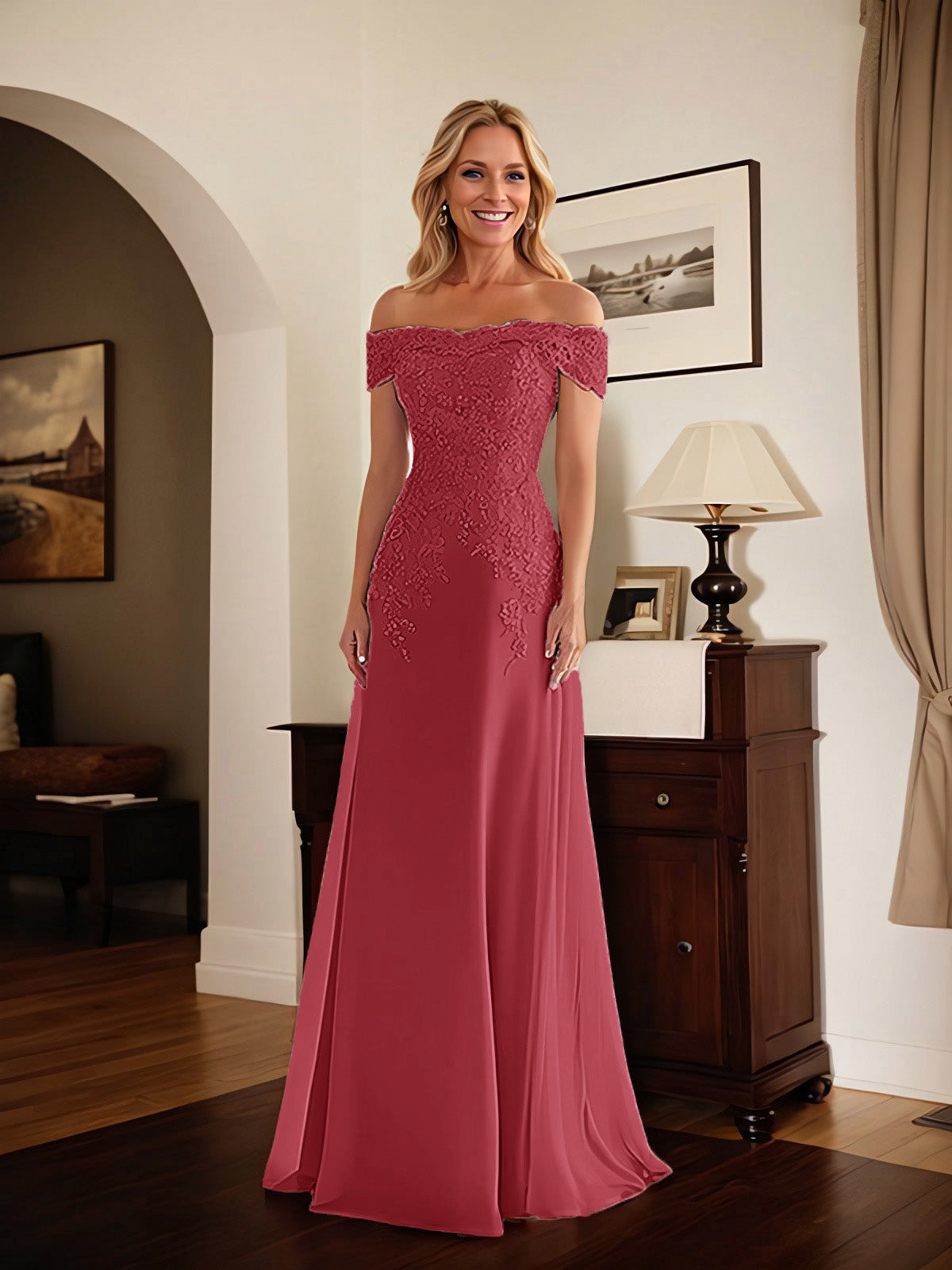 Elegantes taupefarbenes schulterfreies Etuikleid Mutter der Braut Kleid mit Spitze