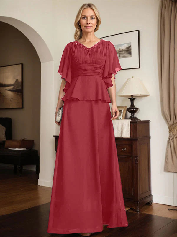 A-Linien Chiffon-Mutter-der-Braut-Kleid mit V-Ausschnitt, bodenlang, plissierte Perlenverzierung