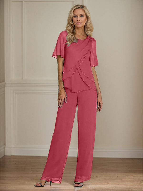 2 Piece Jumpsuit / Pantsuit Crew Neck Floor Length Chiffon Mother of the Bride Dress