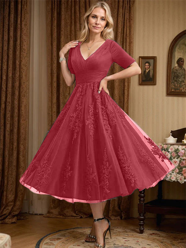 A-line V-Neck Tea-Length Tulle Lace Mother of the Bride Dress With Pleated