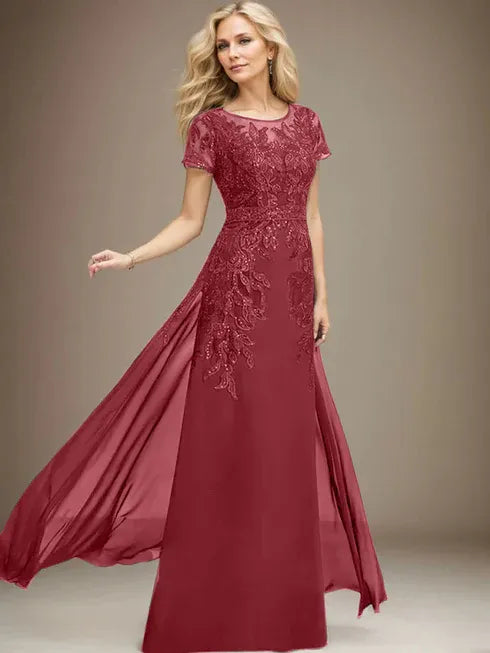 Etui/Säulen Rundhals Illusionsbodenlanges Spitzen-Chiffonkleid für die Brautmutter mit Pailletten