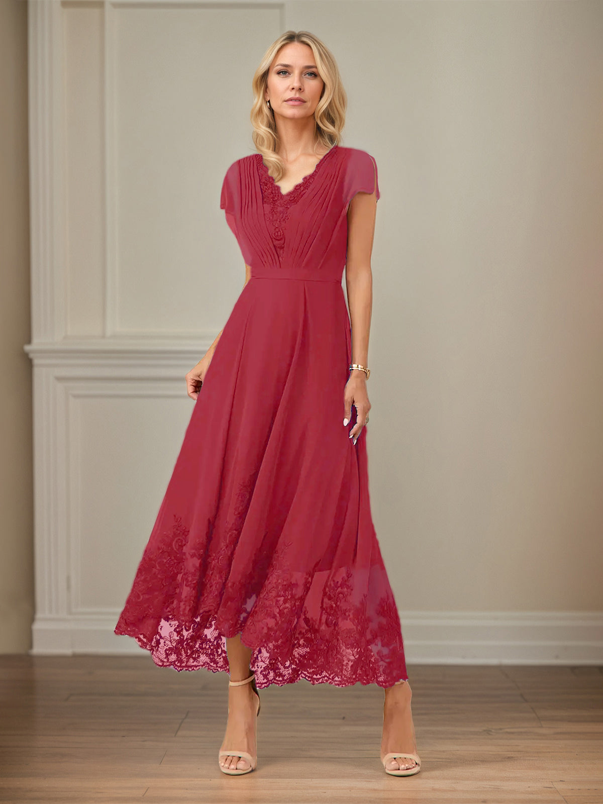 A-Linien Chiffon Kleid mit V-Ausschnitt, flatternden Ärmeln, knöchellang mit Applikationen