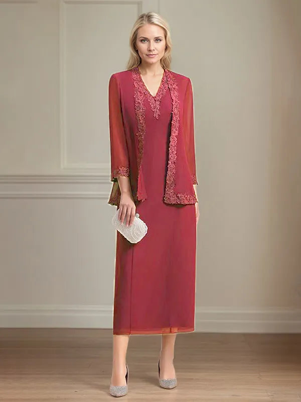 Etui/Column Chiffon V-Ausschnitt 3/4 Ärmel Tea-Length Kleid für die Mutter der Braut