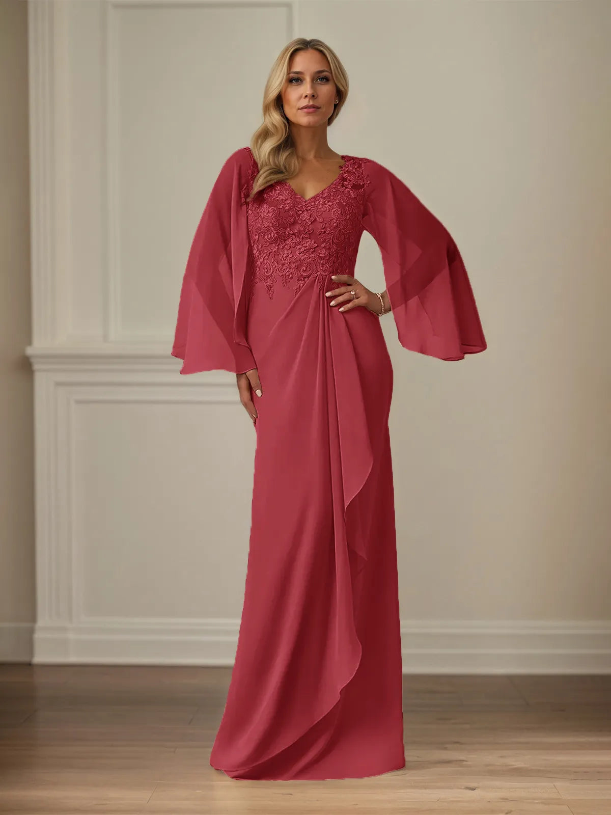 Etui/Kolumnen Chiffon V-Ausschnitt Langarm Bodenlanges Brautmutterkleid mit Applikationen