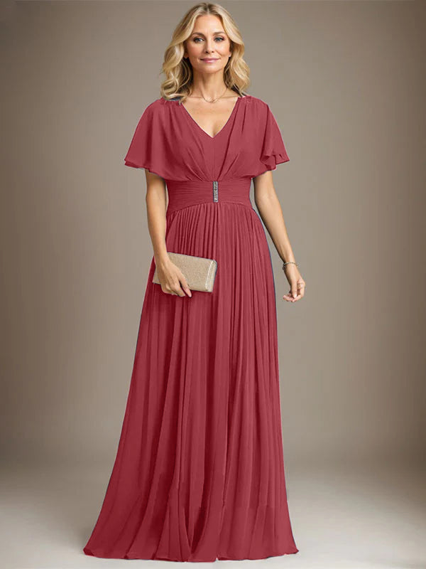 A-Linien V-Ausschnitt Bodenlanges Chiffon Brautmutterkleid mit Kristallbrosche und Plisseefalten