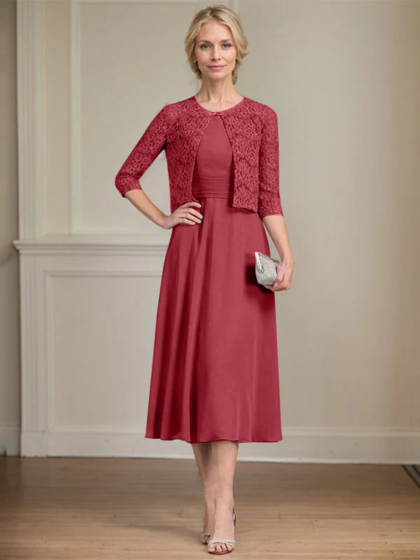 A-Linien Rundhals Tee-Länge Chiffon Kleid für die Mutter der Braut mit Falten
