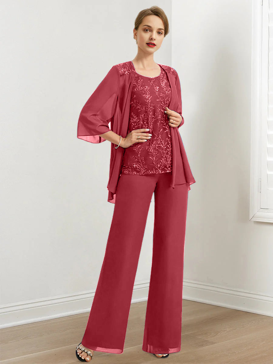 Chiffon Hosenanzüge für die Brautmutter mit Pailletten und Jacke