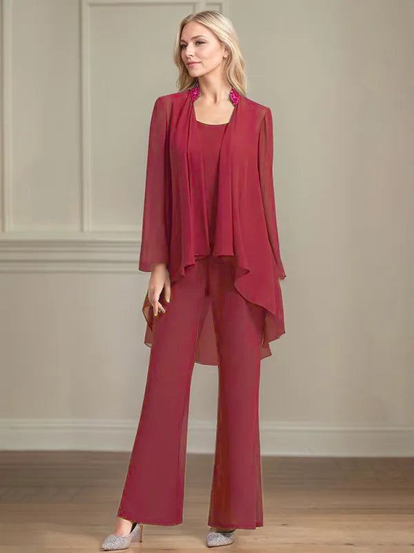 Chiffon Kleid mit Rundhalsausschnitt, langen Ärmeln, bodenlang, Hosenanzug für die Brautmutter