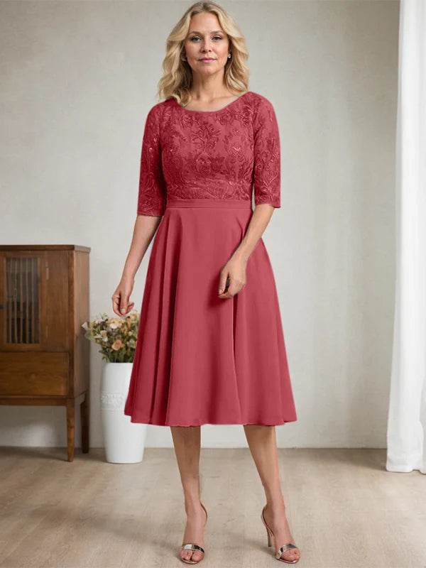 A-Linien Rundhalsausschnitt knielanges Spitzen-Chiffon Kleid für die Mutter der Braut