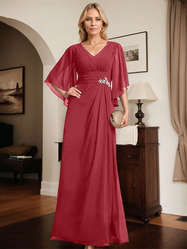 Etuikleid/Säule V-Ausschnitt bodenlanges Chiffon Mutter-der-Braut-Kleid mit plissierten Pailletten und Perlen