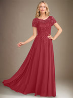 Robe de mère de la mariée en chiffon à coupe évasée, encolure arrondie, longueur au sol, avec appliques et sequins