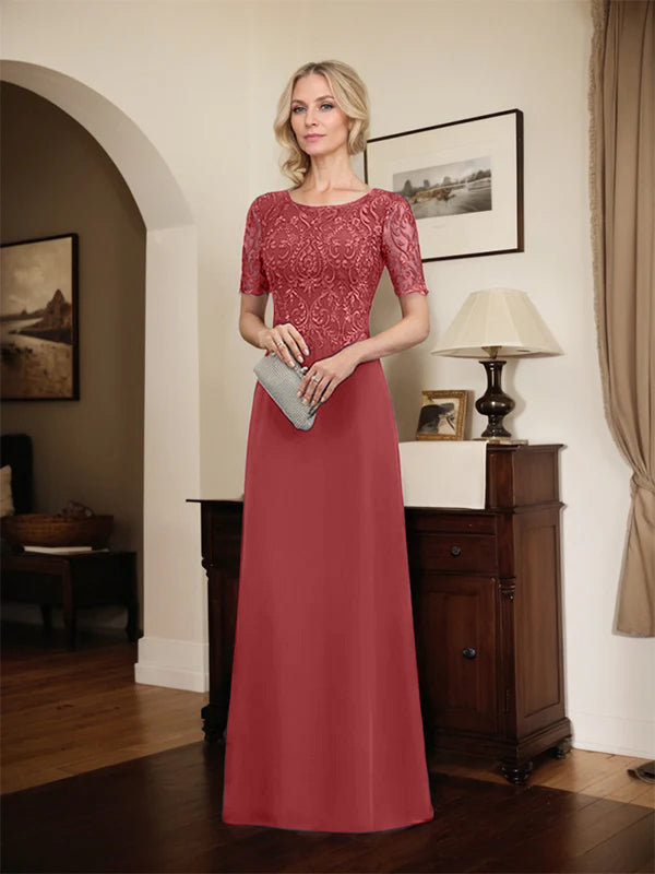 A-Linien Spitzen-Chiffon-Mutter-der-Braut-Kleid mit Rundhalsausschnitt, bodenlang und Pailletten