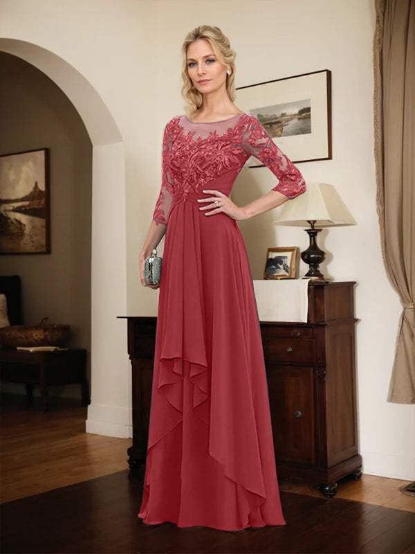 Robe mère de la mariée en ligne A avec col rond illusion, dentelle et chiffon longueur sol avec volants en cascade
