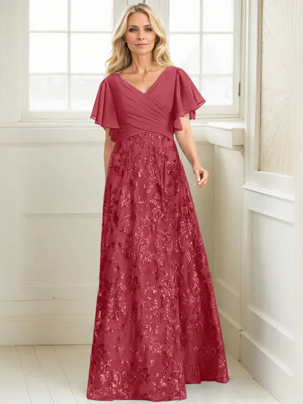 Vestido de madre de la novia en línea A con escote en V, largo hasta el suelo, encaje, lentejuelas y gasa plisada