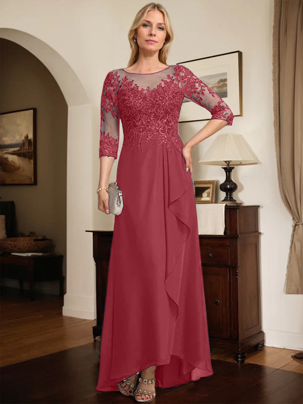 A-Linien Rundhals Illusions-Asymmetrische Spitze Chiffon Brautmutterkleid mit Pailletten und fallenden Rüschen