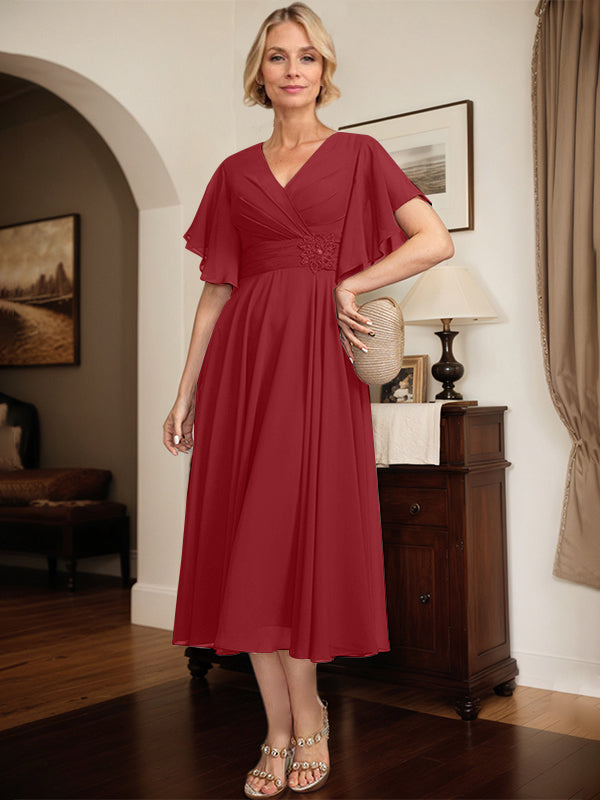 A-Linien Kleid mit V-Ausschnitt, tea-length Chiffon, Mutter der Braut mit plissierten Perlen