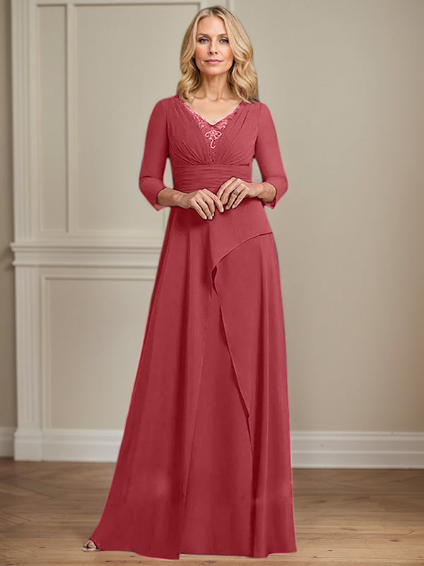A-Linien Chiffon-Mutter-der-Braut-Kleid mit V-Ausschnitt, bodenlang, plissierte Perlenverzierung
