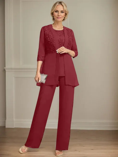 Combinaison/pantalon séparé en mousseline et dentelle, longueur au sol, col rond, robe mère de la mariée avec sequins