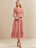 Robe de mère de la mariée A-line en tulle et dentelle, col arrondi, longueur thé