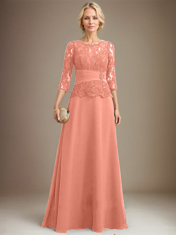 A-Linien Kleid mit Scoop-Ausschnitt, Illusion, bodenlangem Chiffon und Spitze, Mutter-der-Braut-Kleid mit plissierten Pailletten und Perlenbesatz