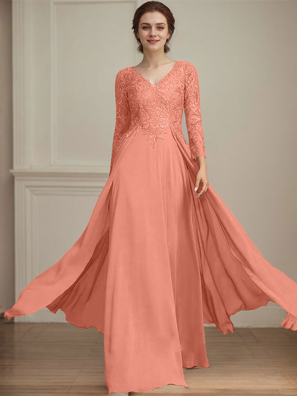 A-Linien V-Ausschnitt Bodenlanges Spitzen-Chiffon Kleid für die Brautmutter mit Pailletten