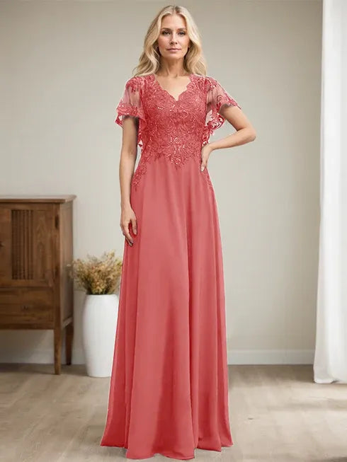 A-Linien V-Ausschnitt Bodenlanges Spitzen-Chiffon Kleid für die Brautmutter mit Pailletten