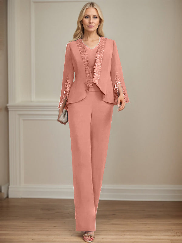 Zweiteiler Jumpsuit/Hosenanzug V-Ausschnitt bodenlanges Chiffon Mutter der Braut Kleid
