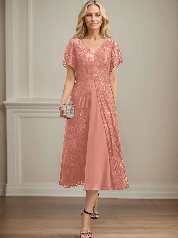 Robe mère de la mariée ligne A en dentelle et mousseline à col en V longueur thé