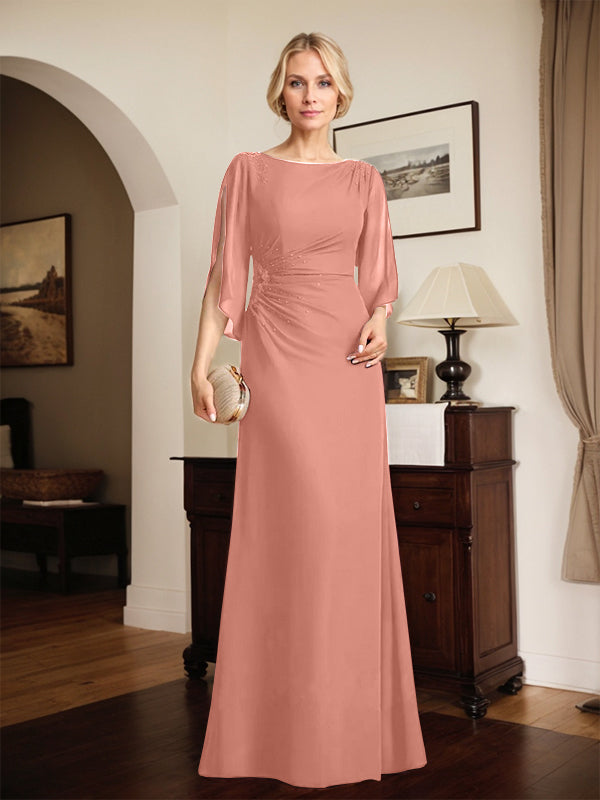 Etuikleid/Säule Rundhals bodenlanges Chiffon Kleid der Brautmutter mit plissierten Perlen