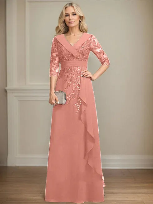A-Linien Kleid mit Kragen, V-Ausschnitt, bodenlang, aus Spitze und Chiffon, Mutter der Braut Kleid mit Pailletten und fallenden Rüschen
