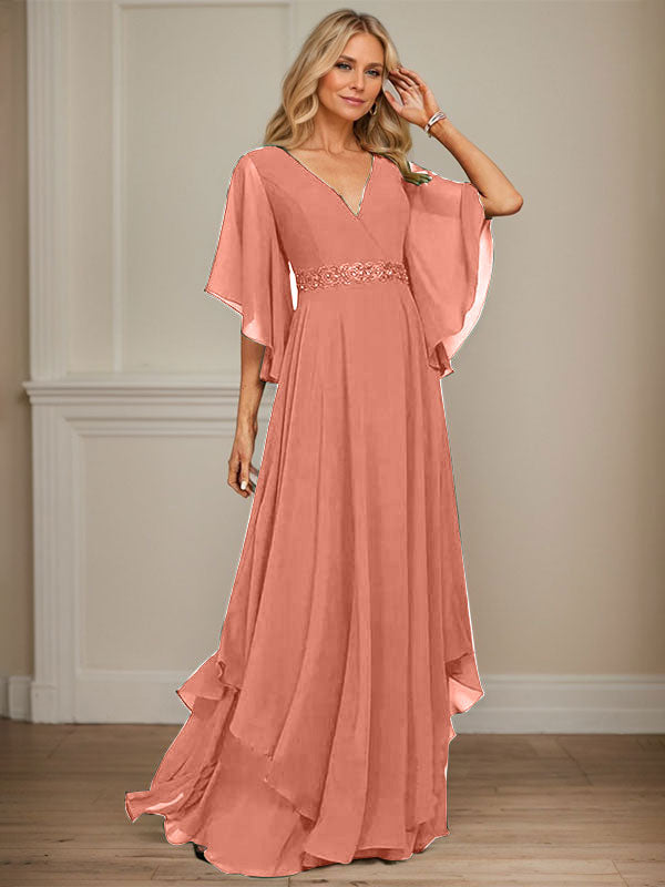 A-Linien V-Ausschnitt bodenlanges Chiffon-Mutter-der-Braut-Kleid mit Pailletten-Applikationen, Spitze und Perlen