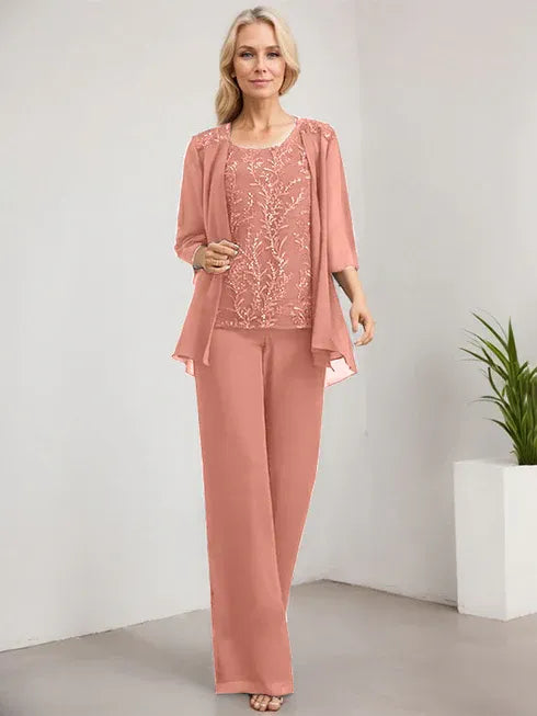 Zweiteiler Jumpsuit/Hosenanzug U-Ausschnitt bodenlanges Spitzen Chiffon Mutter der Braut Kleid mit Pailletten