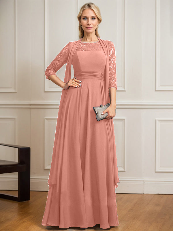 A-Linien Kleid mit Rundhalsausschnitt, Illusion, bodenlang aus Spitze und Chiffon, Mutter-der-Braut-Kleid mit Faltenwurf