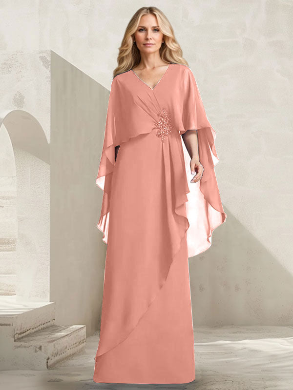Robe mère de la mariée longue en chiffon coupe trapèze à col en V avec volants en cascade et perles