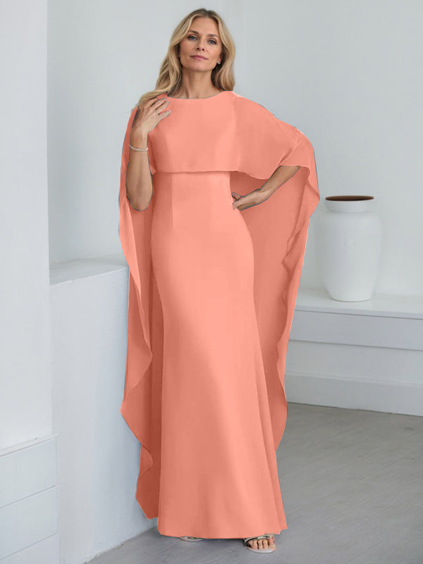 Etui-Kleid mit Rundhalsausschnitt, bodenlang, Chiffon, Mutter-der-Braut-Kleid mit kaskadierenden Rüschen
