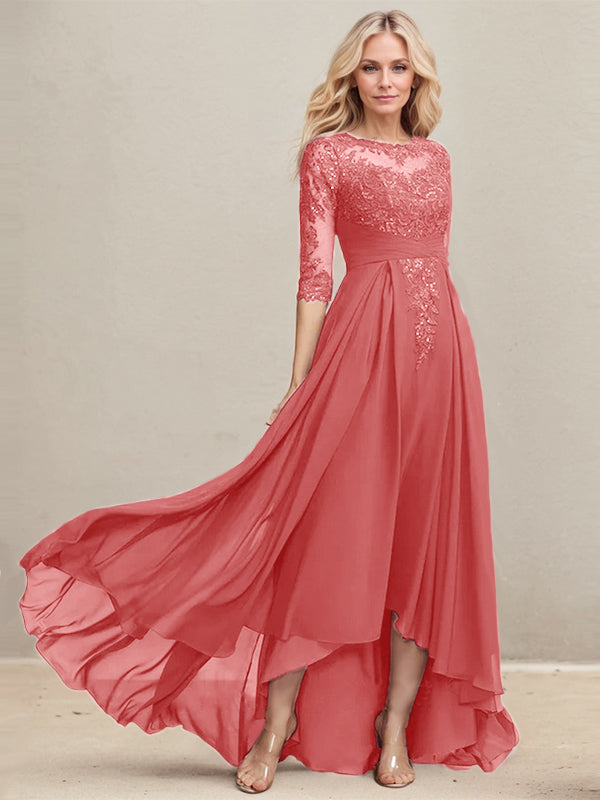 A-Linien Ausschnitt Illusions Asymmetrisches Spitzen-Chiffon Kleid für die Mutter der Braut mit plissierten Pailletten