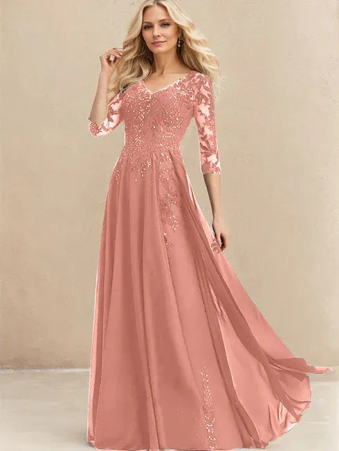 A-Linien V-Ausschnitt Bodenlanges Spitzen-Chiffon Kleid für die Brautmutter mit Pailletten