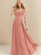 A-Linien V-Ausschnitt Bodenlanges Spitzen-Chiffon Kleid für die Brautmutter mit Pailletten