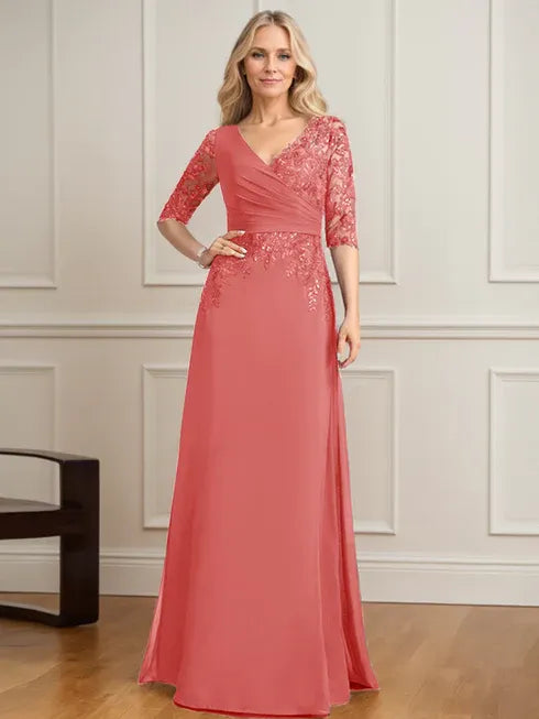 A-Linien V-Ausschnitt bodenlanges Spitzen-Chiffon Kleid der Brautmutter mit plissierten Pailletten