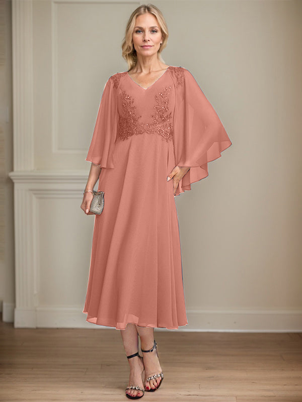 A-Linien-Brautmutterkleid aus Chiffon, V-Ausschnitt, tea-length mit Spitze, Pailletten und Perlen