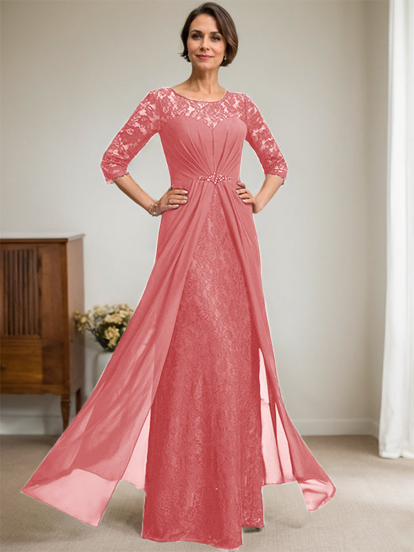A-Linien Rundhalsausschnitt Illusions-Bodenlanges Spitzen-Chiffonkleid für die Brautmutter mit Perlen und Volants