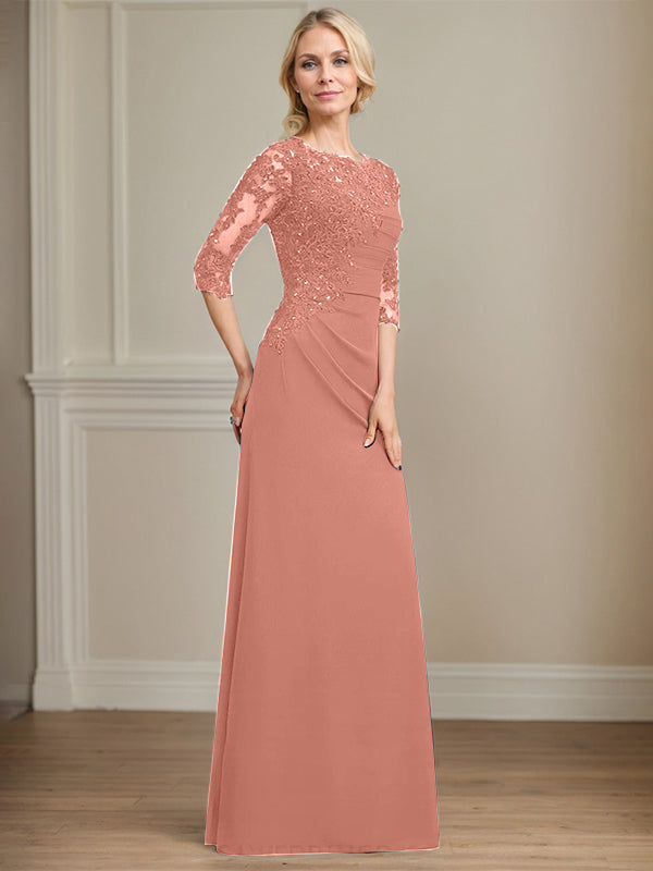 A-Linie Rundhals bodenlanges Chiffon Spitzen Brautmutterkleid mit Perlen Falten Pailletten