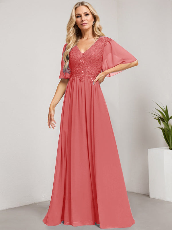 Robe mère de la mariée ligne A col en V longue en dentelle et chiffon avec sequins