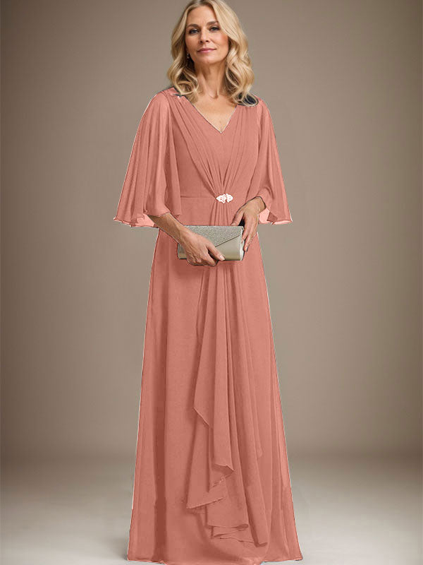 A-Linien V-Ausschnitt Bodenlanges Chiffon Kleid für die Brautmutter mit kaskadierenden Rüschen und Kristallbrosche
