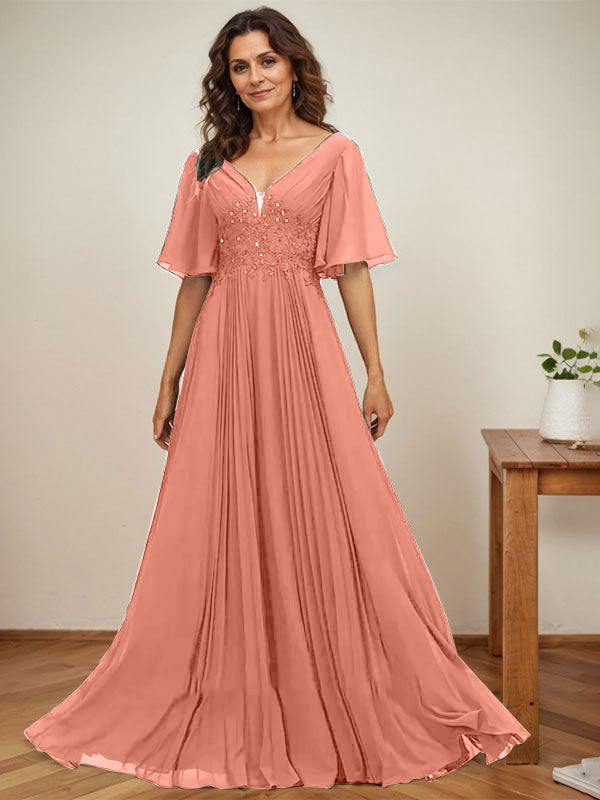 A-Linien V-Ausschnitt bodenlanges Chiffon Mutterkleid der Braut mit Pailletten-Applikationen, Spitze und Falten