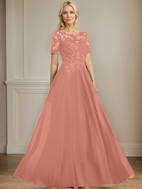 A-Linien Rundhals Illusions-Bodenlanges Chiffon-Spitzenkleid für die Mutter der Braut mit Pailletten und Perlen