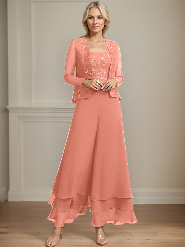 Zweiteiler Jumpsuit/Hosenanzug quadratisch knöchellang Spitze Chiffon Brautmutterkleid mit Pailletten