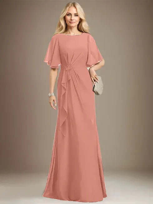 A-Linien Rundhals bodenlanges Chiffon Mutter der Braut Kleid mit kaskadierenden Rüschen Perlen Pailletten